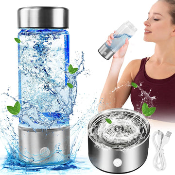 Hydrogen Water Bottle - 14oz Portable Borosilicate Glass Hydrogen Water Ionizer Generator - SPE PEM Technology - Generates Hydrogenated Rich Infused Drinking Water 1600ppb in 3 Minutes (Silver)