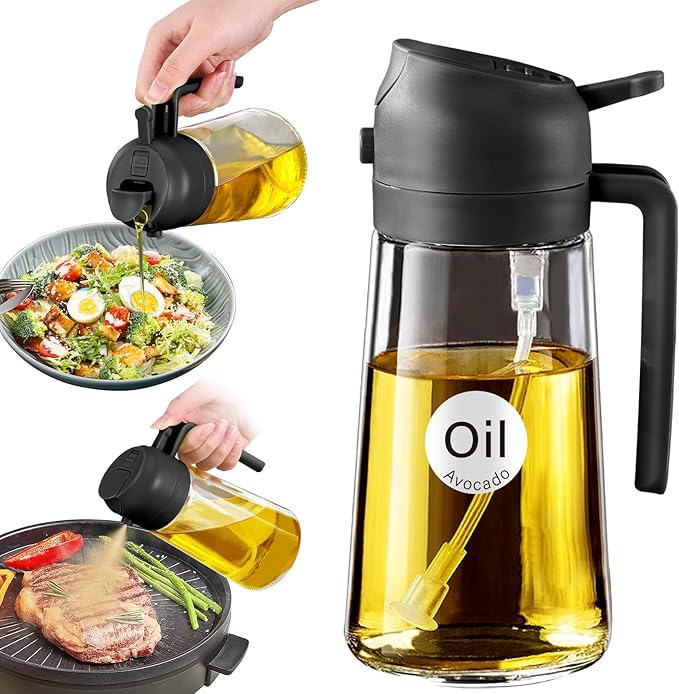 Oil Spray Bottle 3 in 1  16oz/470ml Glass Olive Oil Sprayer for Cooking with Stickers, Oil Dispenser for Kitchen Gadgets, Food Grade Premium Spray Bottle with Portion Control for Salad, Frying, BBQ (Black)