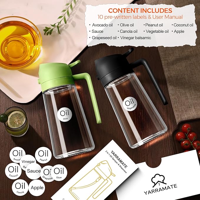 Oil Spray Bottle 3 in 1  16oz/470ml Glass Olive Oil Sprayer for Cooking with Stickers, Oil Dispenser for Kitchen Gadgets, Food Grade Premium Spray Bottle with Portion Control for Salad, Frying, BBQ (Black)